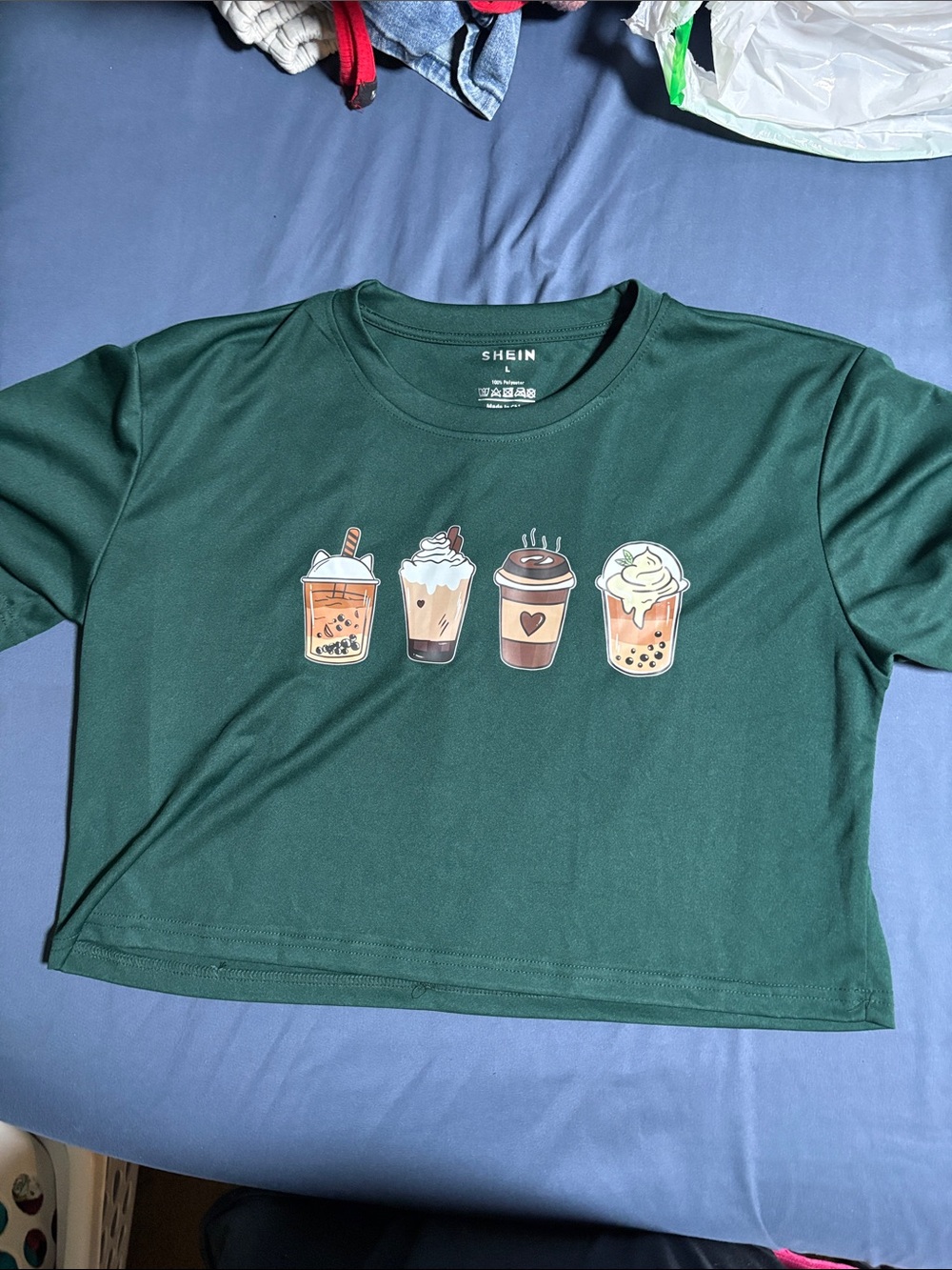SHEIN Forest Green Cropped Tee with Boba & Coffee Graphics